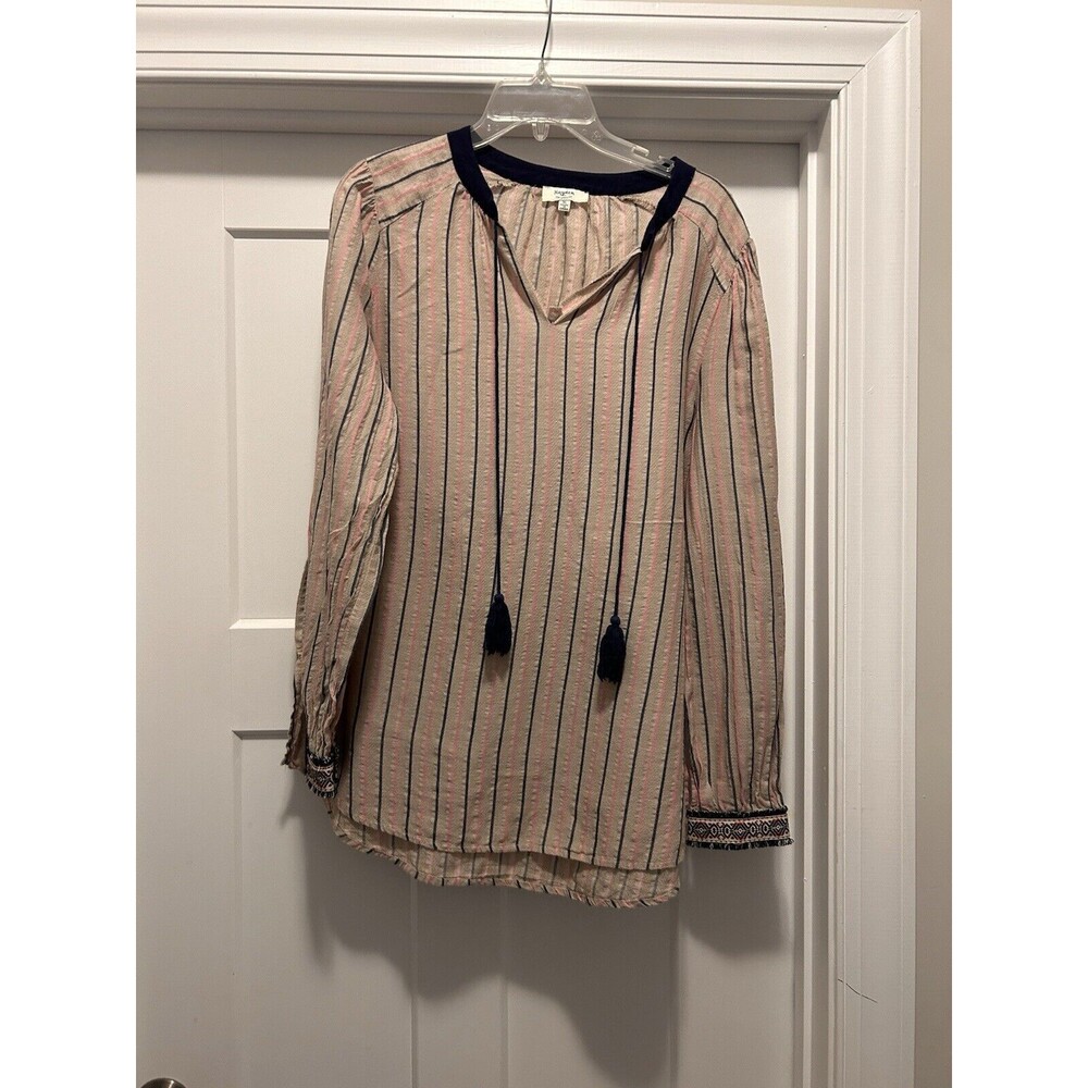 Hayden LA Peasant Tunic Top Size XL Tan Striped Lightweight Boho Long Speeve